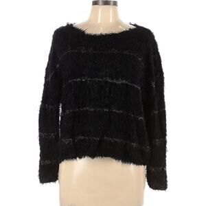 Rusty Eyelash Sweater Black Striped Fuzzy Knit Crew Neck Cropped Women's 10